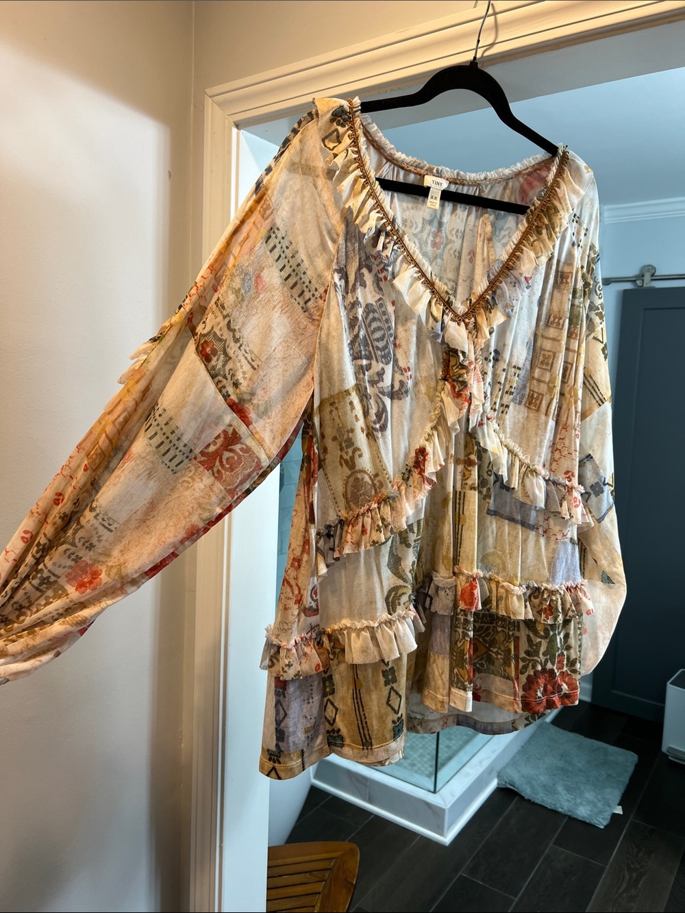 Ruffled Boho Peasant Blouse - Cream Multi